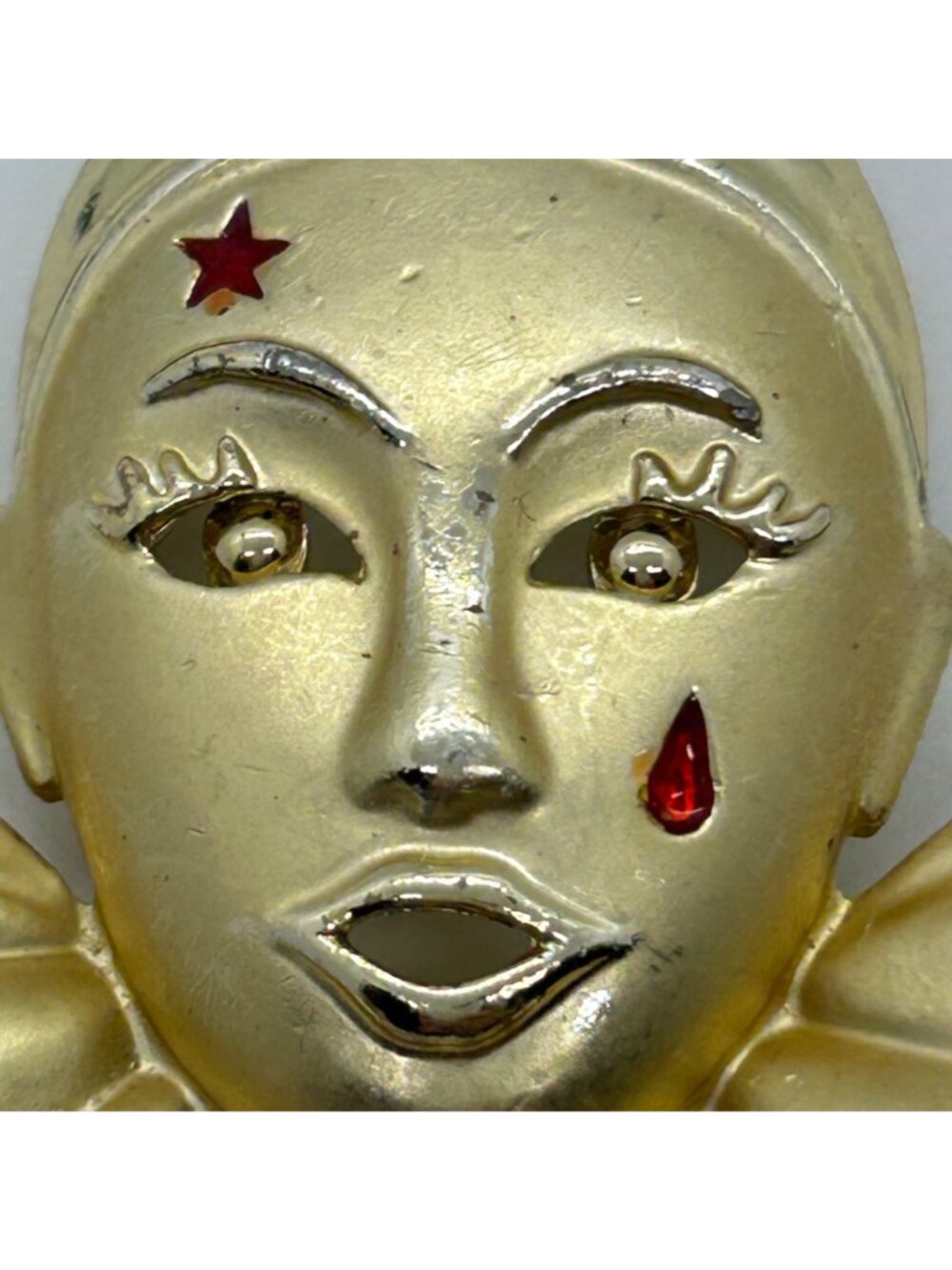 Vintage Gold Tone Pierrot Clown Brooch With Red Star & Tear Costume Jewelry Pin - Picture 3 of 11